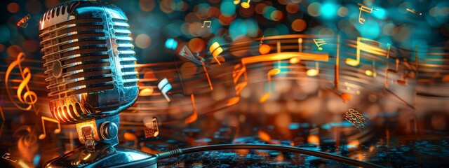 Old retro microphone on abstract music background with notes and icons symbolizing melody.
