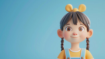 3D rendering of a cute cartoon girl with brown hair and brown eyes. She is wearing a yellow...