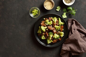 Beef with broccoli in asian stylei. Top view, flat lay