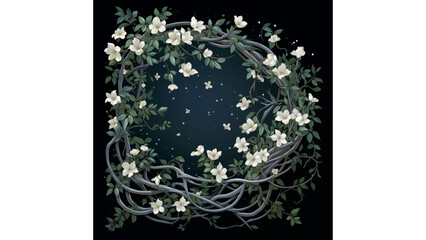 Nocturnal Jasmine Wreath: This digital art rendering depicts a delicate jasmine vine, forming a wreath with its fragrant white blossoms against a dark, starry backdrop, creating a serene scene