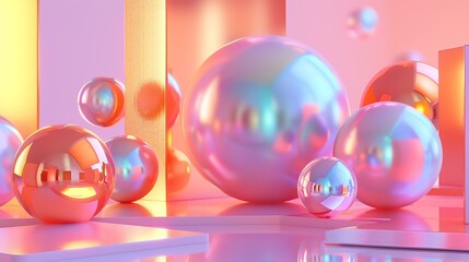 3D rendering of a surreal space with floating, reflective spheres. The soft pastel colors and abstract shapes create a sense of calm and tranquility.