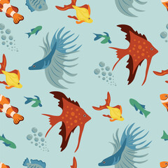 Vector seamless pattern with colorful tropical fish