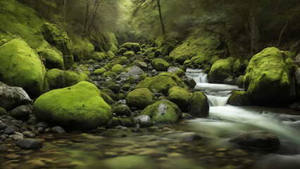 Moss covered rock in river stream 