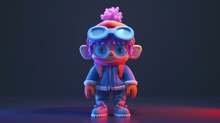 3D rendering of a cute cartoon character wearing a winter outfit, including a jacket, scarf, and goggles.