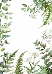 Floral composition with copy space in center. Green leaves of eucalyptus, fern on white background.