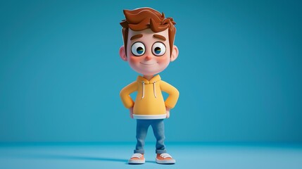 3D rendering of a cute cartoon boy with brown hair and blue eyes. He is wearing a yellow hoodie, blue jeans, and white sneakers. - Powered by Adobe
