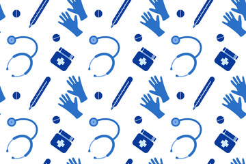 Seamless pattern with medical items in flat style for fabric design, website, cover and other. Vector graphics 