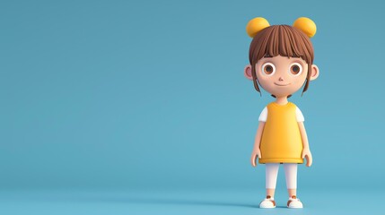 Little girl with brown hair and freckles wearing a yellow dress and white leggings standing on a blue background.