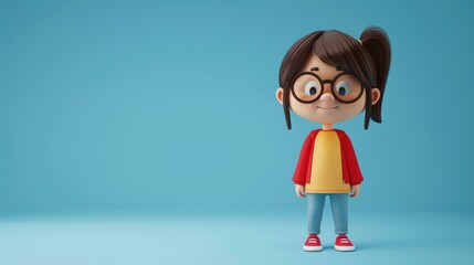 Cute little girl with brown hair and ponytail wearing glasses, red sweatshirt, yellow t-shirt and blue jeans standing on blue background.