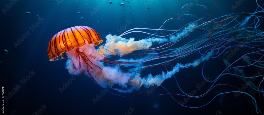 Wall mural An electric blue jellyfish, a marine invertebrate, gracefully swims in the liquid depths of the ocean, showcasing the wonders of marine biology