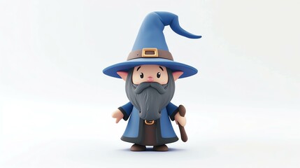 3D rendering of a cute wizard. The wizard is wearing a blue hat and robe and has a long white beard. He is holding a magic staff in his right hand.