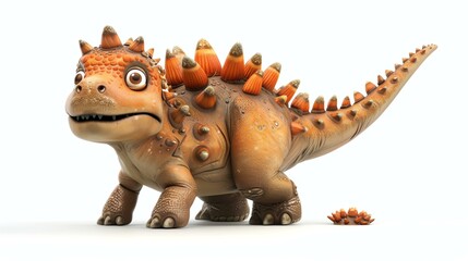 3D rendering of a cute and colorful dinosaur. The dinosaur is orange and brown, with big eyes and a...