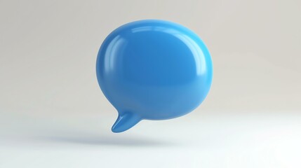 A simple 3D rendering of a blue speech bubble on a white background. The speech bubble is smooth and shiny, and it appears to be floating in the air.
