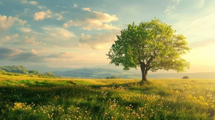 Fotobehang Idyllic landscape. A green meadow with a single tree. © Khalif