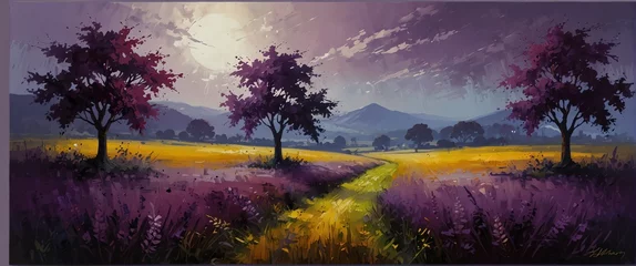 Foto op Canvas Purple theme abstract trees field and meadows landscape oil pallet knife paint painting on canvas with large brush strokes art from Generative AI © SevenThreeSky