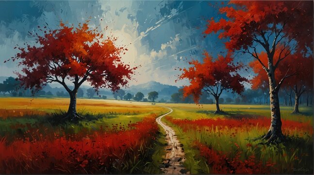 red theme semi abstract trees field and meadows landscape oil pallet knife paint painting on canvas with large brush strokes art from Generative AI
