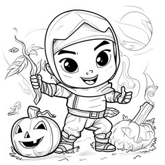 Coloring page child with a pumpkin