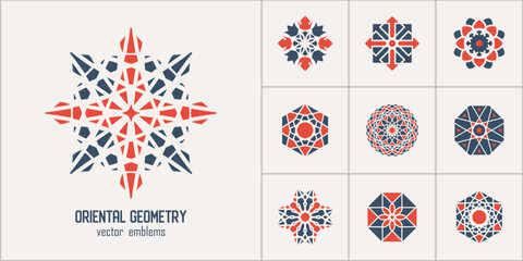 Arabic circular geometric symbols set. Vector mosaic oriental ornamental emblems for logos, patterns and design