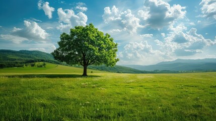 Fototapeta na wymiar Idyllic landscape. A green meadow with a single tree.