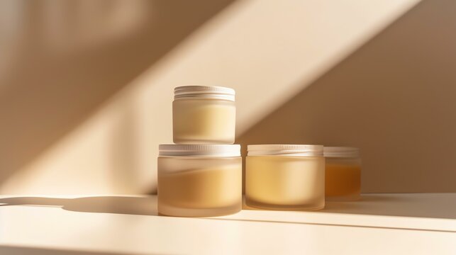 Three amber glass jars of different sizes with white lids are arranged on a beige background. The jars are filled with a thick, creamy substance.