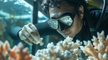 Underwater researcher examines coral reef. Marine biologist studies effects of climate change on...