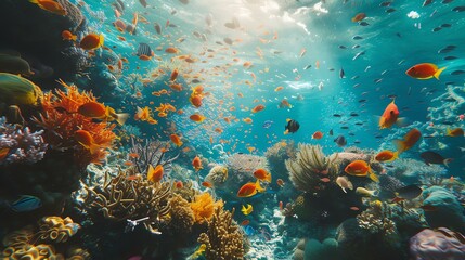 Amazing and beautiful underwater world with a lot of tropical fishes and corals.