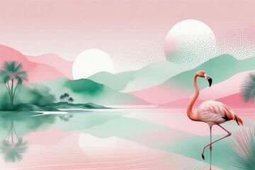 Summer landscape with flamingo in minimalistic style in water color painting.