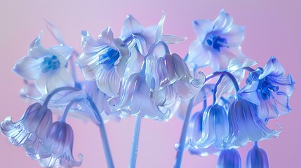 3D rendering of bluebell flowers. The petals are transparent and have a glossy look. The flowers are arranged in a cluster.