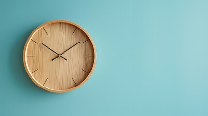 A wooden wall clock with a simple design. It has a round face with a natural wood finish and black hands. The clock is mounted on a blue wall.