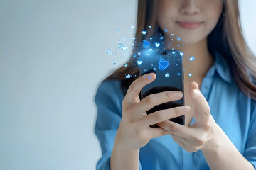 Close up of woman hands using smart phone with emojis flying off screen for social media concept