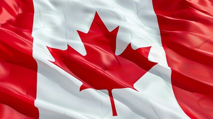 A flag is waving in the wind. The flag has a red maple leaf on a white background, and two red...