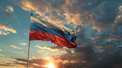 A flag of Russia waving in the wind with a beautiful sky in the background.