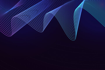Blue and violet wave background. Vector design with neon light effect. Shiny wavy lines