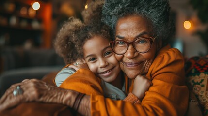 Young girl cuddling with grandma on sofa at home - obrazy, fototapety, plakaty