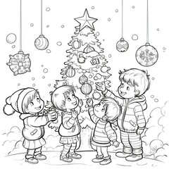 Coloring page children and christmas tree