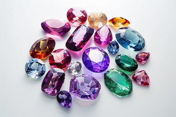 Fototapeta premium Jewel on white shine color, Collection of many different natural gemstones amethyst, lapis lazuli, rose quartz, citrine, ruby, amazonite, moonstone, labradorite, chalcedony, blue topaz
