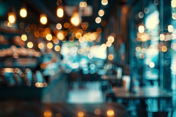A blurry image of a restaurant with a lot of lights and tables - obrazy, fototapety, plakaty