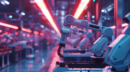 High-tech manufacturing facility with Sovereign AI controlling robotic arms, showcasing unmatched precision and reduced errors. Future of production. Sovereign AI driving robotic automation.