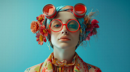 A fashion portrait of an avant-garde woman with red glasses and flowers in her hair, dressed in a Y2K style on a blue background, dressed in fashionable - obrazy, fototapety, plakaty