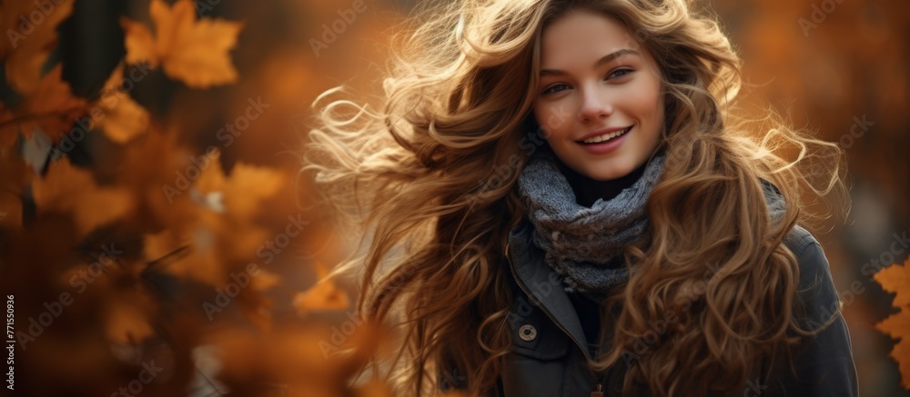 Poster A happy blond woman with layered hair is smiling in front of autumn leaves, enjoying a fun outdoor event. The picturesque landscape is covered in colorful foliage, adding to the joy of the moment