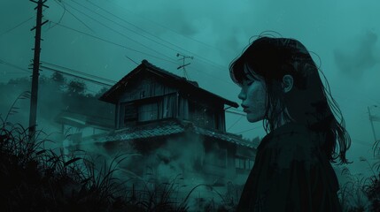 Foreboding profile illustration steeped in the eerie atmosphere of Japanese horror, drawing viewers into a world of dark secrets and malevolent spirits.
