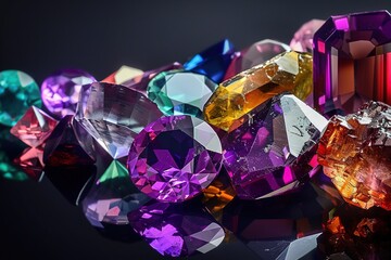 Jewel on black shine color, Collection of many different natural gemstones amethyst, lapis lazuli, rose quartz, citrine, ruby, amazonite, moonstone, labradorite, chalcedony, blue topaz	
