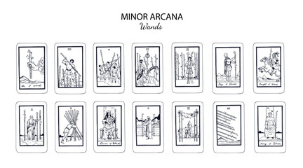 Set of Wands in occult tarot cards deck. Minor arcanas designs set with Ace, Knight, King, Queen, Page of Wands signs and symbols in modern style. Isolated sketch engraved vector illustrations