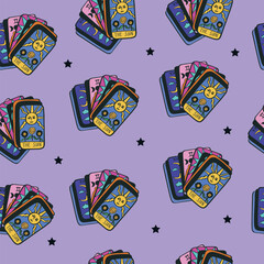 Colorful seamless witchcraft tarot pattern with mystic attributes. Endless texture with tarot cards. Vector illustration