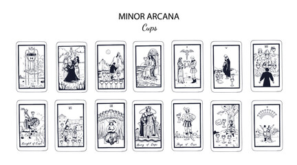 Set of Cups, in occult tarot cards deck. Minor arcanas designs set with Ace, Knight, King, Queen, Page of Cups signs and symbols in modern style. Isolated hand drawn  vector illustrations
