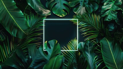 leaves coconut palm Green tropical with a square neon light in the center on black background, Natural leaves background