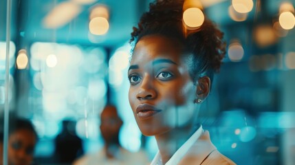 Obraz premium Young, confident businesswoman in a corporate setting with a thoughtful expression.
