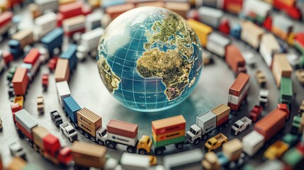 Miniature global trade concept with cargo trucks circling a globe. - obrazy, fototapety, plakaty
