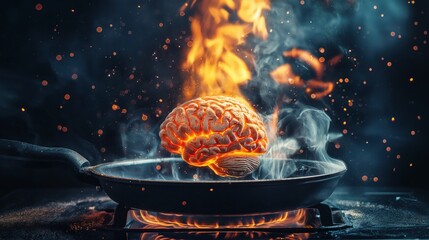 brain sizzling on a pan with intense flames, a metaphor for stress or overload. - obrazy, fototapety, plakaty