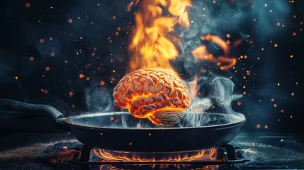 Fotobehang brain sizzling on a pan with intense flames, a metaphor for stress or overload. © ProstoSvet